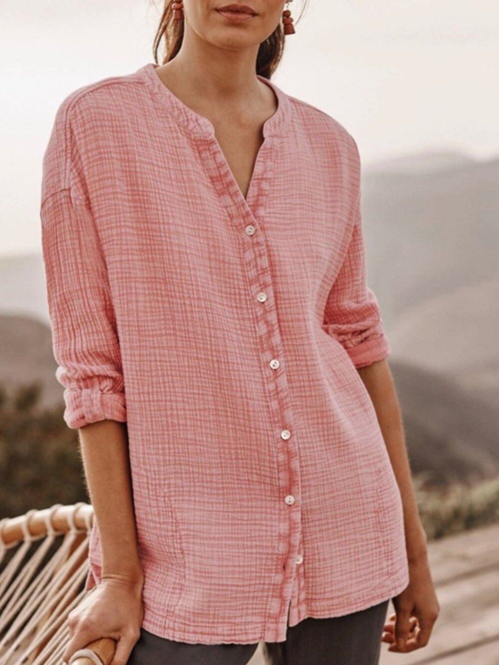 Pure Jill Crinkle Gauze Tunic Shirt Plus Size 4X Coastal Boho Roll Tab Lagenlook
